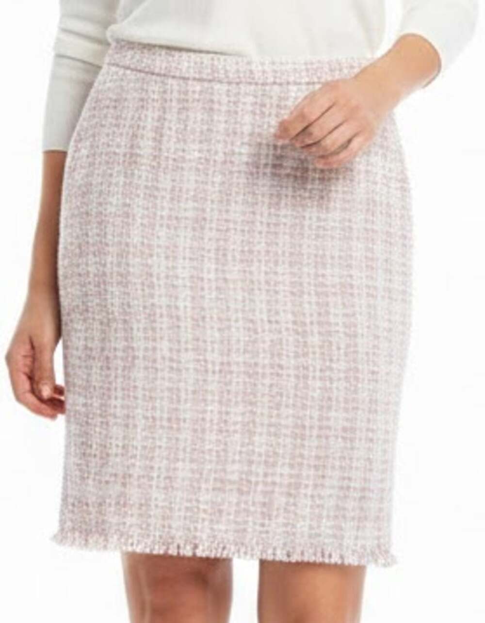 Chantal Gaudreau Pink White Tweed Fringe Hem Pencil Skirt Size 10 Barbiecore